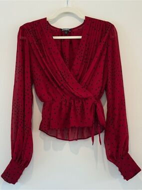 Express Burgundy Wrap Blouse with Black Heart Print